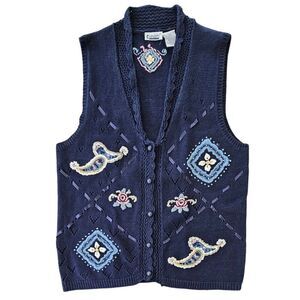 VTG Dark Blue Knit Vest Women's L Embroidered Ribbon Grandma Core Cottagecore